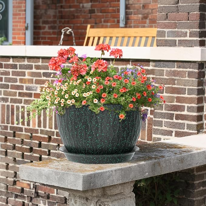 Meowell 12/10/9 inch Large Plant Pots, 3 Pack Wide Flower Pots for Outdoor Indoor Plants, Water Ripples Plastic Planters with Drainage Holes and Saucers for Garden House, Black with Green Speckles
