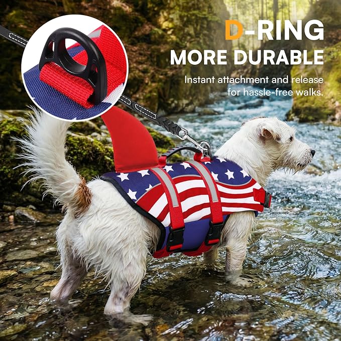 Shark Dog Life Vest for Swimming, Pet Life Vests for Boating, High Buoyant DogLife Jacket, Ripstop High Flotation Swimsui for Small, Medium, Large Dogs (USA Flag,XXL)