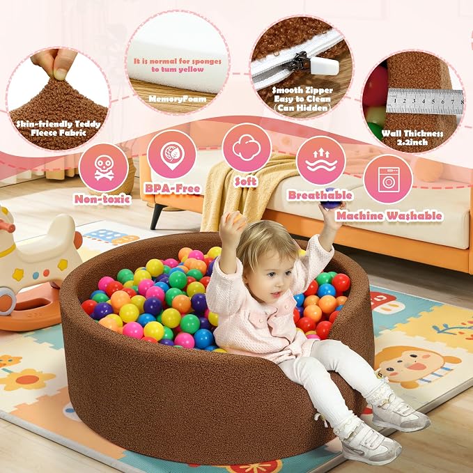 Imitation Teddy Colours Foam Ball Pit 35.4"x 11.8" Soft Round Playpen for Toddlers Dogs Cats with Soft Memory Sponge for Babies Indoor and Outdoor Game Brown (Balls not Included)