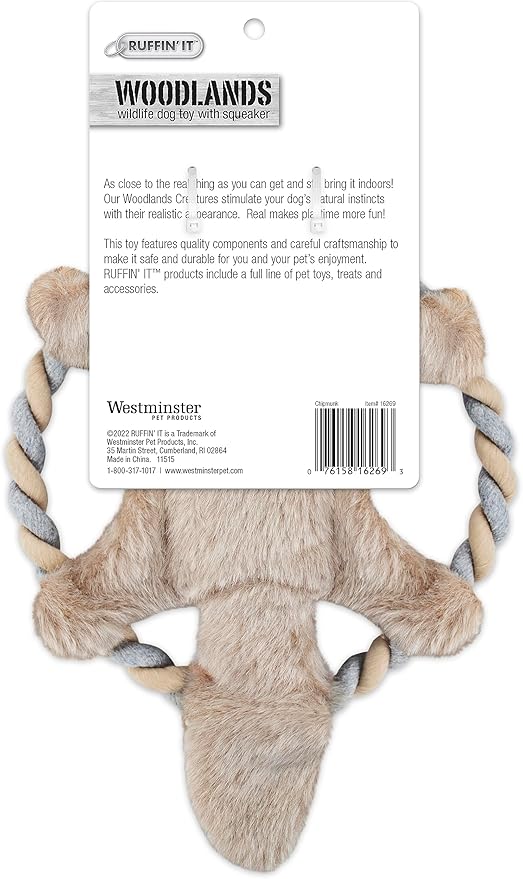 RUFFIN' IT Rhode Island Textile Woodlands Chipmunk Plush Dog Toy with Rope Chew Ring, Mutli, 8.5 inch (Pack of 1), All Breed Sizes