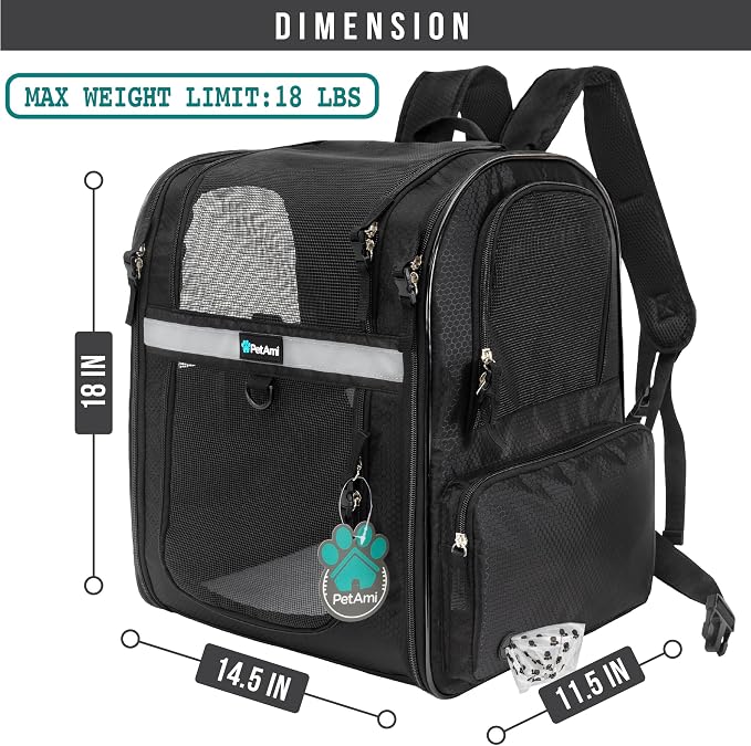 PetAmi Dog Backpack Carrier for Cats, 4-Way Entry Ventilated, 18 lbs, Black | Sherpa Bed Included, Foldable Load-In Top, Safety Reflective Strap, Breathable Mesh, Poop Bag Dispenser, Padded Back Support