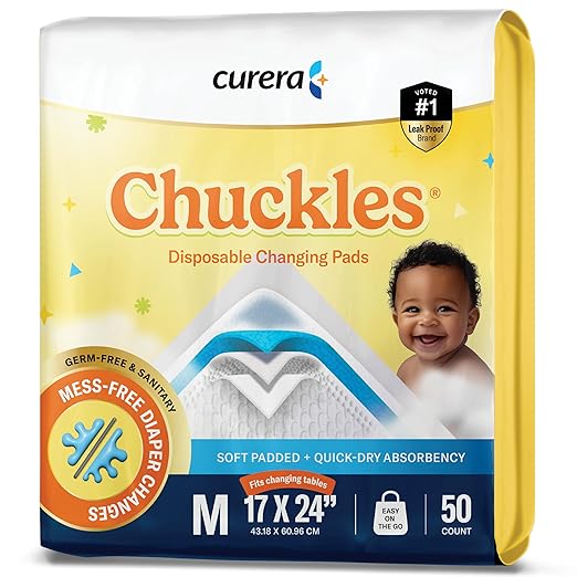 Chuckles® 5-Layer Disposable Changing Pads - 17x24 [50-Pack] Baby Liners | Disposable Diaper Changing Pad, Baby Pee Pads, Hypoallergenic Changing Pads for Travel, Curera Brand Underpads