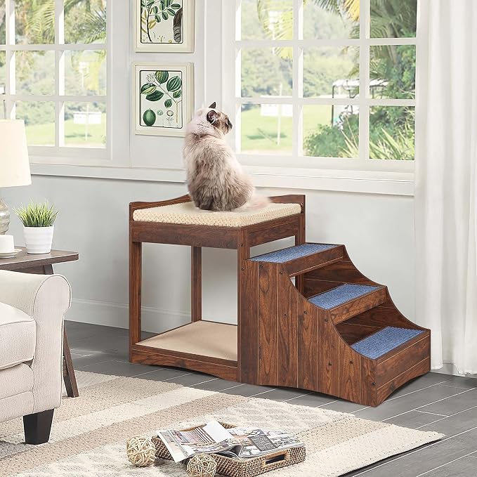 unipaws Pet Bunk Bed with Removable Step for Dog and Cat, Window Perch Seat | Multi-Level Bed with Cushion and Cat Scratch Pad, Indoor Use, Walnut