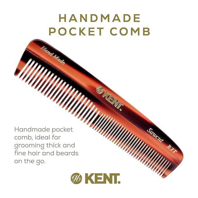 Kent R7T Double Tooth Hair Pocket Comb, Small Coarse/Wide Comb for Hair, Beard, and Mustache Grooming for Men, Women, and Kids - Saw Cut, Hand Polished, Handmade in England