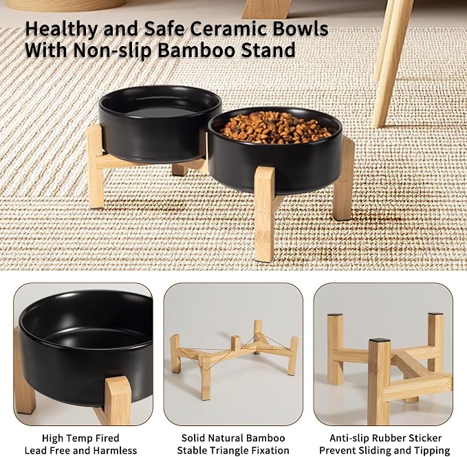Elevated Ceramic Dog Bowl, 2 Cups Dog Food and Water Bowl Set with Stand | 5.1'' Double Dog Feeding Dishes, Non-Slip Raised Dog Feeder for Cats and Puppies, 16.23 OZ / 480 ML, White