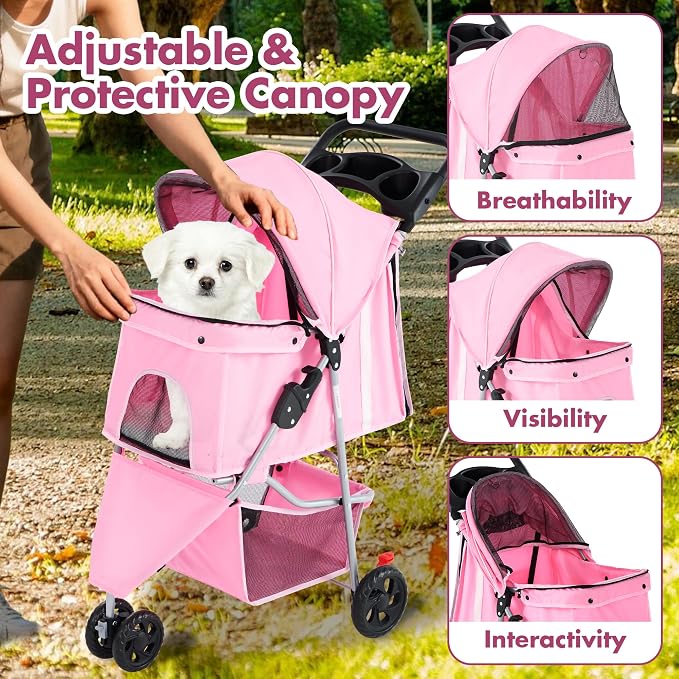 DUMOS 3 Wheels Pet Stroller for Small Dogs and Cats | Foldable Dog Stroller with Mesh Windows, Storage Basket & Cup Holder, Lightweight & Durable Pet Carrier for Travel, Pink