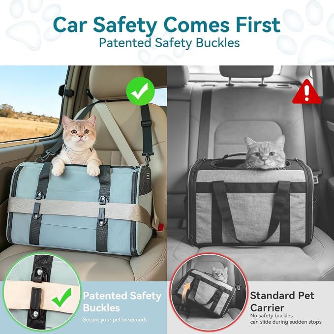 PETSFIT Large Cat Carrier with Patented Safety Buckles,Big Cats Up to 20 lb | Secure Carrier for Safe Driving, Lockable Zippers, Safety Tether, Travel Pet Carrier for Trips & Vet Visits, 19 x 12 x 12