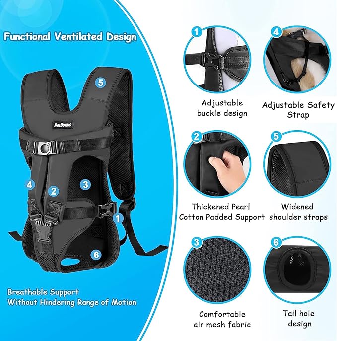 PetBonus Pet Front Dog Carrier Backpacks, Adjustable Pet Backpack, Legs Out Easy-fit Puppy Chest Carrier for Medium Small Dogs, Hands Free for Hiking, Cycling (Black, M) | Hands Free, Adjustable, Safety Strap, Walking Hiking Cycling Motorcycle bag, For...