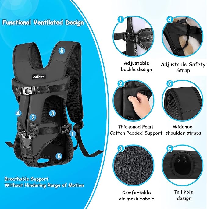 PetBonus Dog Front Carrier Backpacks, Legs Out Easy-fit Puppy Chest Carrier | Hands Free, Adjustable, Safety Strap, Walking Hiking Cycling Motorcycle bag, For Small Medium Dogs (Black, L)