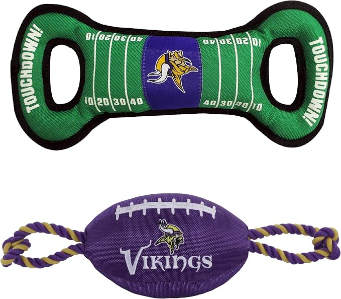 Minnesota Vikings PET GIFT BOX with 2 Licensed DOG TOYS, 1 Logo-engraved NATURAL DOG TREAT, 1 NFL JERSEY, 1 Puppy Training Bells & 1 Car Seatbelt