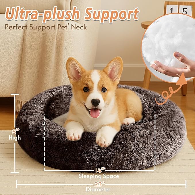 JOLLYVOGUE Calming Dog Bed for Small Dogs - 23 inches Donut Washable Small Dog Bed for Kittens & Puppies, Anti-Slip Round Fluffy Plush Faux Fur Cat Beds (Fits up to 25 lbs Pets)