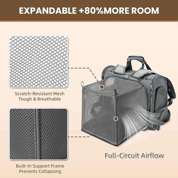 Expandable Cat Carrier Backpack for Large Cats - Airline Approved Pet Carrier Backpack for Small Dogs, Hiking & Travel, Waterproof with Breathable Mesh, 22lbs Capacity (Dark Grey, Large)
