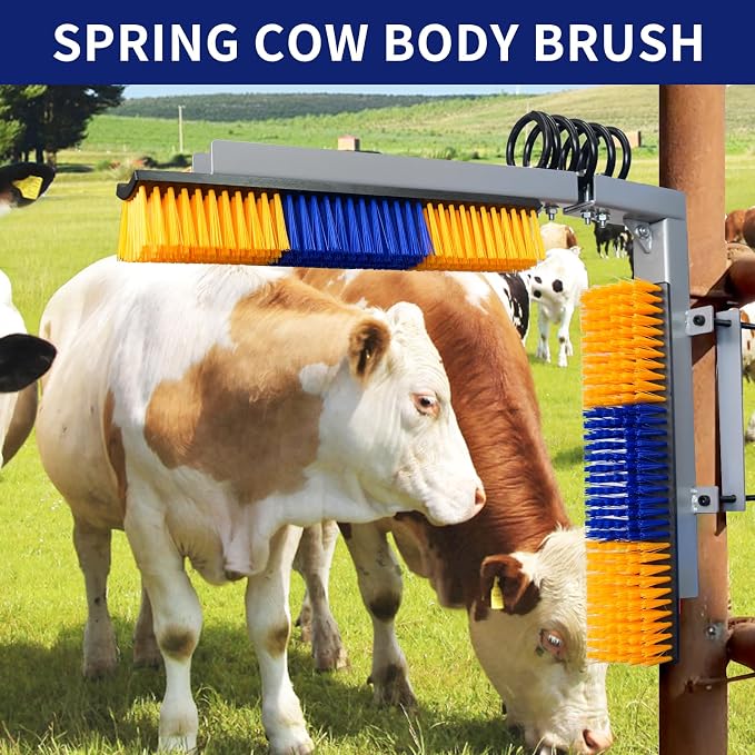 Livestock Scratch Brush With Spring Iron Holder，Animal Back Scratching Brush Including 4pcs goat brushes, 4 stands and accessories For Cow,Cattle,Sheep, Horses,Pigs，Massage Grooming Tool（Yellow）