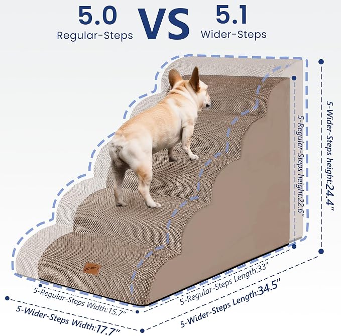 GoGoBunny Ramp Dog Stairs for High Beds 24.4" H, 5-Step Extra Wide Dog Slope Stairs with Durable Waterproof Fabric Cover, Pet Steps for Old Large Dogs Climbing, Non-Slip Sturdy Indoor Step, Camel