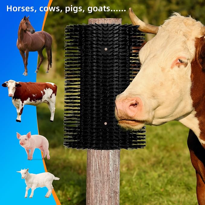 Extra Large Size Livestock Scratching Brush, Upgraded Horse/Goat/Cow/Cattle Scratcher Brush for Grooming, Itch Relief Horse Scratcher Brushes Kit with Two Sets of Mounting Screws(1-Pack,Black)