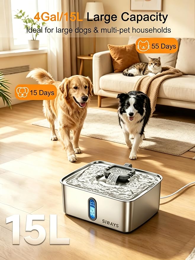 SIBAYS 4Gal/15L Dog Water Fountain for Large Dogs, Stainless Steel Large Pet Water Fountain, Ultra Quiet Automatic Dog Water Bowl Dispenser with Water Level Window and LED Light(FS78, Silver-Grey)