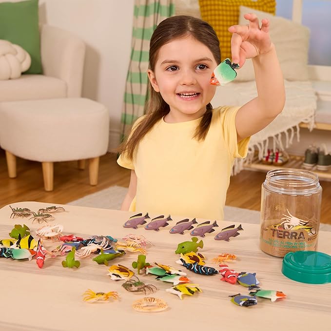 Terra by Battat – 60pcs Tropical Fish & Crab Toys – Mini Plastic Ocean Animal Figurines for Kids – Realistic Sea Creatures in Tube – Sensory Educational Playset for Toddlers Ages 3+