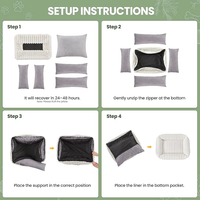 Washable Dog Bed for Small Medium Dogs, Rectangle Orthopedic Pet Bed with Removable Cover, Fluffy Memory Foam Dog Beds with Anti-Slip Bottom, Cream(25x21x7inchs)