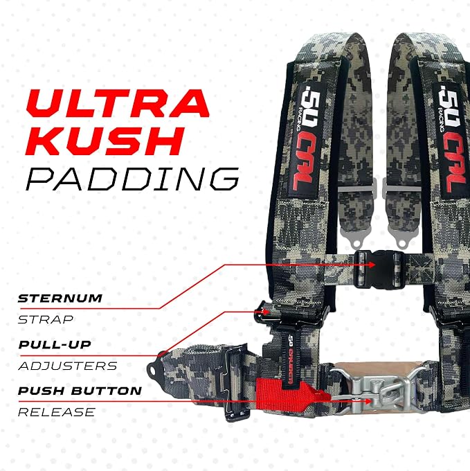 1pc 50 Cal Camo 4 Point Harness 2 inch straps, Racing Harness Seat Belt | Ultra Kush padding, Push Button quick release hardware. Universal Fit for UTV, RZR, race car
