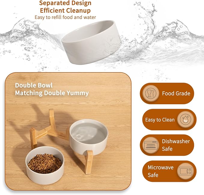 Elevated Ceramic Dog Bowl, 3.6 Cups Dog Food and Water Bowl Set with Stand | 6.1'' Double Dog Feeding Dishes, Non-Slip Raised Dog Feeder for Small and Medium Breeds, 28.74 OZ / 850 ML, White