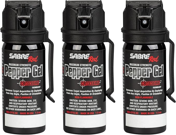 SABRE Crossfire Pepper Gel, Deploys At Any Angle, Maximizes Target Acquisition Against Multiple Threats, Belt Clip For Easy Carry, Fast Flip Top, Max Police Strength OC, Pepper Spray Option 1.5 fl oz