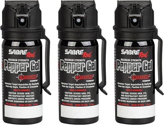 Gel poivre SABRE Crossfire, déploiement sous tous les angles, maximise l'acquisition de cible contre de multiples menaces, clip de ceinture pour un transport facile, couvercle rapide, OC puissance maximale, option spray au poivre 44 ml