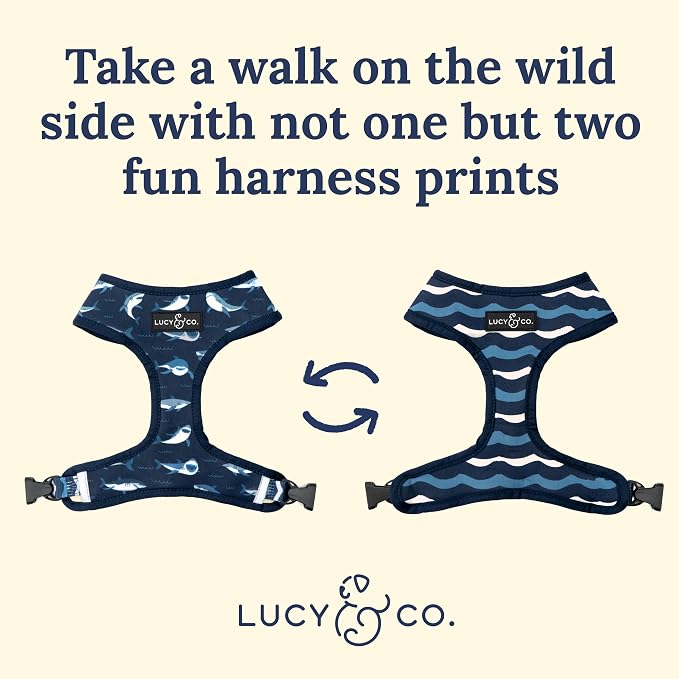 Lucy & Co. Reversible Dog Harness - Water-Repellent Neoprene, Dual-Print Design, Easy Swap Style, Adjustable Comfort Fit - Shark Attack Reversible Harness - Small