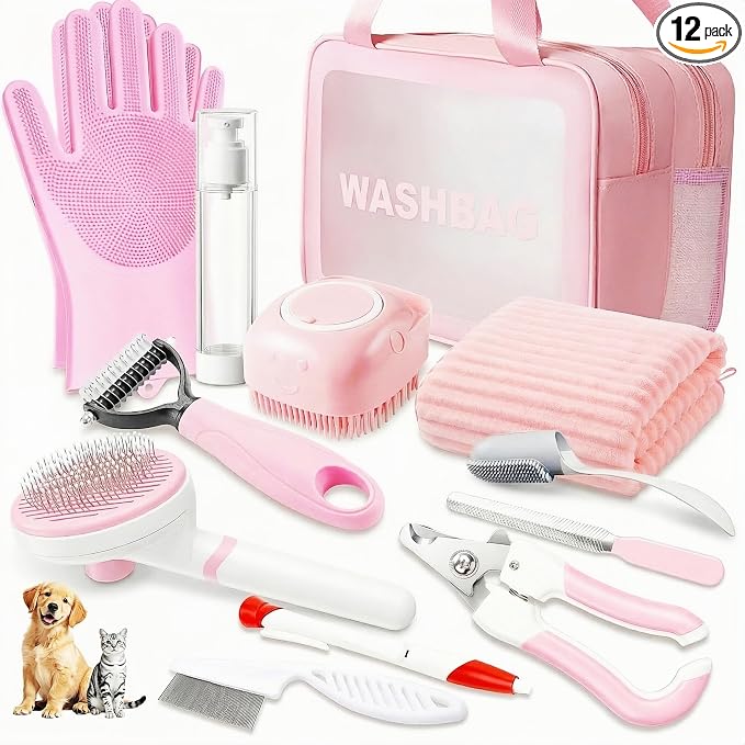 12PCS Dog Bath Kit & Dog Brush Kit for Dogs & Cats - Professional Pet Grooming Tools Set with Shedding Brush, Bath Scrubber, Dematting Comb & Storage Bag - Complete Dog Washing Essentials, Pink