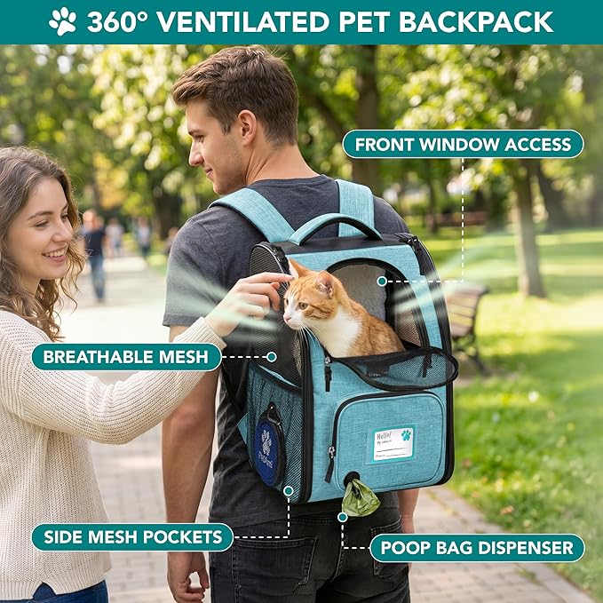 PetAmi Expandable Dog Backpack Carrier for Cats & Pets, Breathable Cat Carrier Backpack with Top Window & Multi-Entry, Ventilated Foldable Travel Carrier for Small Medium Pets up to 18 lbs, Teal Blue