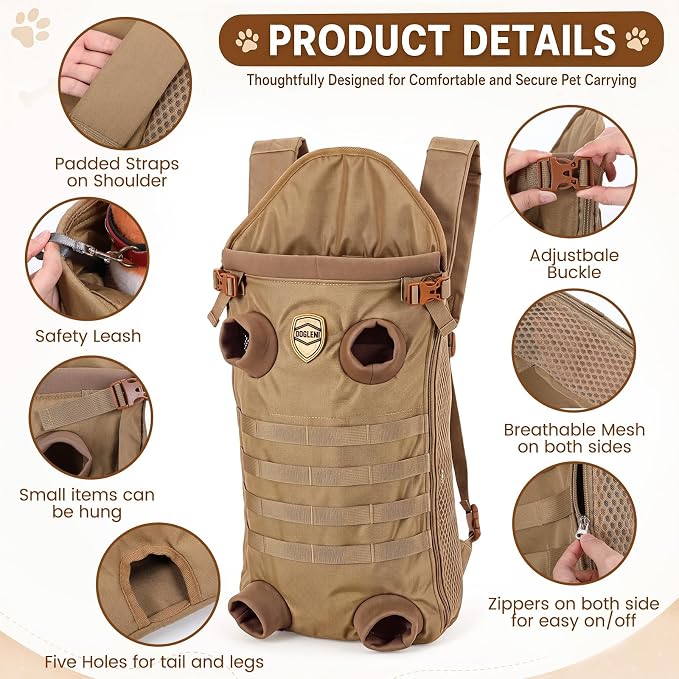 Dog Carrier Tactical Backpack for Medium Large 26-40lbs, Dog Soft Hands-Free Legs Out Pet Cat Front Carrier Backpack Facing Travel Bag for Outdoor Traveling Hiking Camping Bike (Brown)