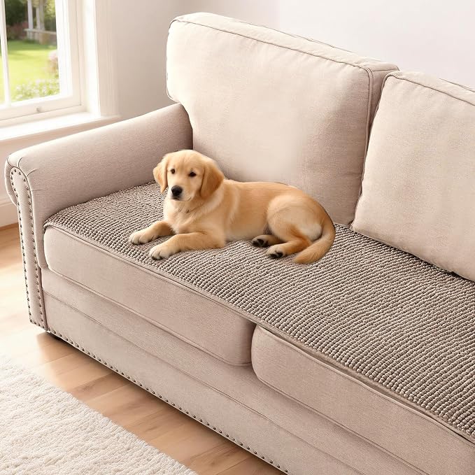 H.VERSAILTEX Plush Chenille Couch Cover for 3 Cushion Couch Anti Slip Washable Sofa Slipcovers Soft and Durable Furniture Protector for Dogs Cats Kids (27.5" x 59", Cuban Sand)