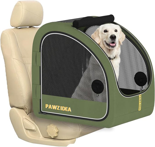 PAWZIDEA Portable Dog Crate for Car Travel, Medium & Large Dogs Up to 80lbs | Soft-Sided Dog Car Kennel for Backseat, Secures Seatbelt & Headrest Strap, Collapsible Enclosed Car Seat Carrier, Chew-Proof
