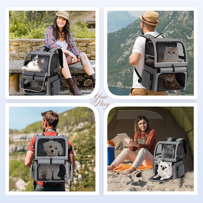 Double Cat Backpack Carrier for 2 Cats, Double-Compartment Pet Carrier Backpack for Two Small Cat or One Medium Cat, Cats Carrier Backpack Dog Carrier Backpack Fits Up to 24 Lbs,Grey