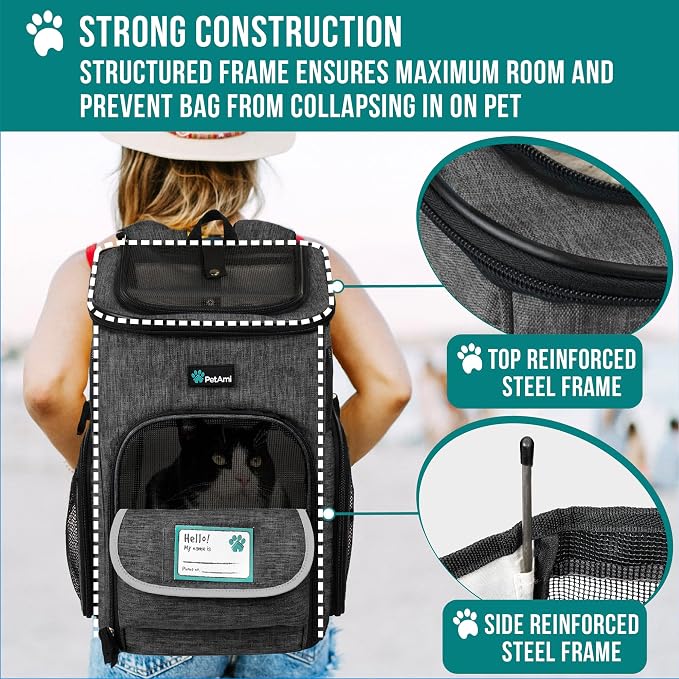 PetAmi Dog Backpack Carrier, Airline Approved 4-Way Entry Cat Backpack Carrier, Ventilated Mesh, Collapsible Pet Carrier for Small Puppy, Kitten, Hiking, Travel Car, Vet, up to 18 lbs, Charcoal Gray