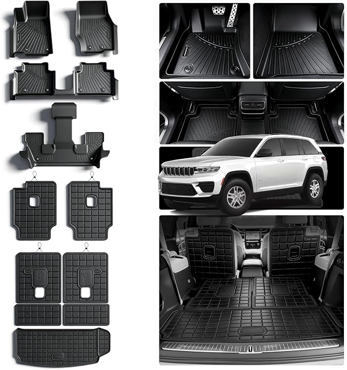 Floor Mats for 2021-2025 2026 Jeep Grand Cherokee L 6 Seats (2nd Row Bucket Seats) & Cargo Mat & Backrest Mat,TPE All Weather Protection Car Mats 2nd & 3rd Covering The Backrest Accessories