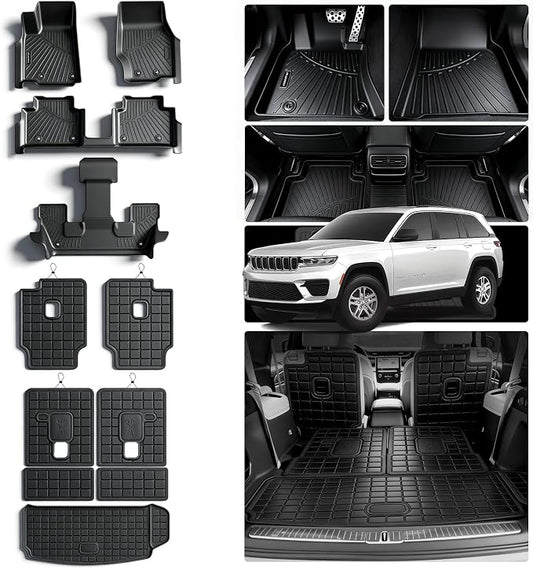 Floor Mats for 2021-2025 2026 Jeep Grand Cherokee L 6 Seats (2nd Row Bucket Seats) & Cargo Mat & Backrest Mat,TPE All Weather Protection Car Mats 2nd & 3rd Covering The Backrest Accessories