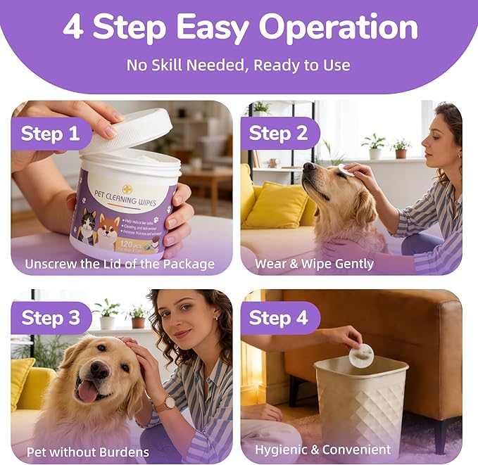 Dog Eye Wipes, 120 Count Cat Eyes Cleaning Wipes Gentle Pet Tear Stain Remover, Hypoallergenic Puppy Dogs Eye Wash Cleaner for Debris Discharge Mucus, Vet Recommended Aloe Chamomile Pets Wipe Pads