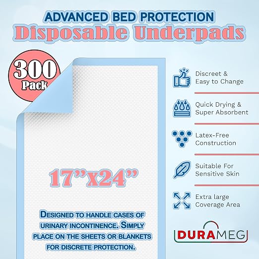 Chucks Disposable Underpads 17x24 300 Count Bed Pads Incontinence Chux Pads | Moderate Absorbency, Waterproof Leakproof, Mattress & Furniture Protection, Adults & Elderly, Puppy Training Pads, Chairs