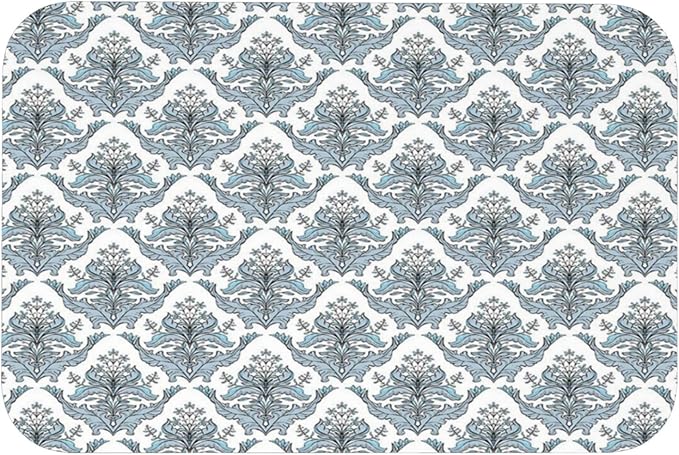 Bathroom Floor Mat, Winter Diatomaceous Mat, Damask Classical Flowers Old Fashioned Foliage, 23.6" W x 15.7" L, for Home, Office, Sink,Grey Pale Blue White