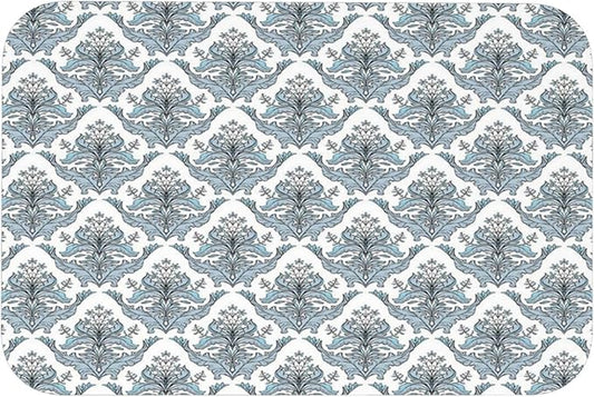 Bathroom Floor Mat, Winter Diatomaceous Mat, Damask Classical Flowers Old Fashioned Foliage, 23.6" W x 15.7" L, for Home, Office, Sink,Grey Pale Blue White