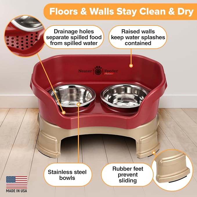 Neater Feeder Deluxe Mess-Proof Elevated Dog Bowls for Small Dogs (Up to 19 lbs), 2 Height Adjustable (6” & 7.5”) No-Spill Raised Dog Bowl Stand, Stainless Steel Food Bowl Set, Made in USA, Cranberry