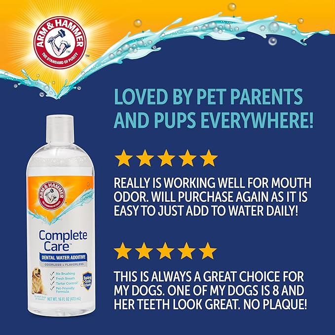 Arm & Hammer Complete Care Dog Dental Water Additive, Odorless Flavorless Daily Oral Care Solution with Baking Soda and Calcium for Plaque, Tartar, and Fresh Breath, 16 Fl Oz - 3 Pack