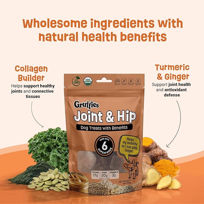 Gruffies Organic Hip & Joint Dog Treats – Natural Joint Supplement for Dogs with Turmeric & Ginger, Healthy Peanut Butter Treats for Mobility, Vet Approved, Non-GMO, Made in Canada, 6 oz (Pack of 1)