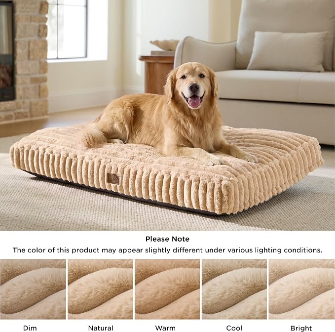 Bedsure ComfyFleece™ Fluffy Balanced Support Large Dog Bed for Crate,35x22 | Golden Ratio Chopped Foam & PP Cotton, Home Decor,Waterproof Liner, Removable Washable Cover, Nonslip Bottom,Sandy Beige
