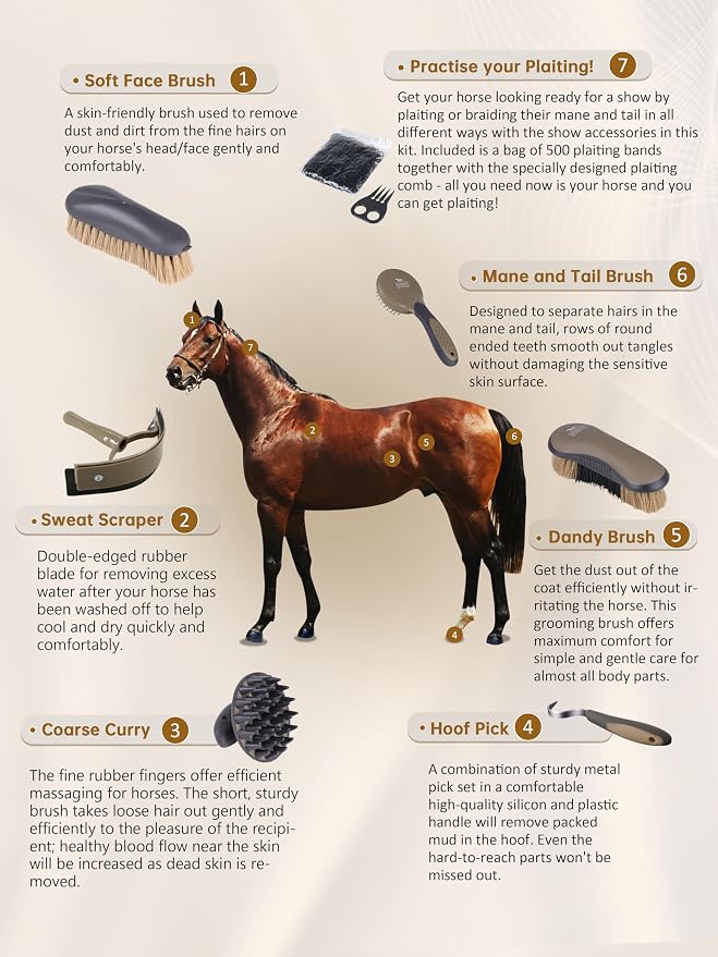 Harrison Howard Horse Grooming Brushes Kit 7 pieces with Organizer Tot Equine Care Series Horse Brush Sets Black