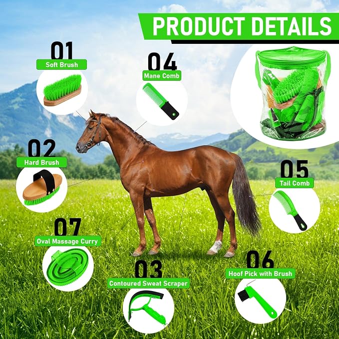 Cunhill 9 Pcs Horse Grooming Kit with Bag Curry Brushes,Cute,Green | Complete Grooming Set for Horses, Hard Soft Brushes, Hoof Pick, Sweat Scraper, Sponge, Comb, Portable Tote for Stable