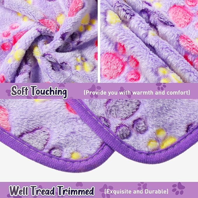 Tatuo 4 Pack Fleece Dog Blankets for Puppy Cats Multi-Size Sleep Mat for Pet Guinea Pig Soft Washable Warm Crate Bed Puppy Teething Toys Print Pattern Blanket Indoor(Purple,30 x 20.5 Inch,Paw)