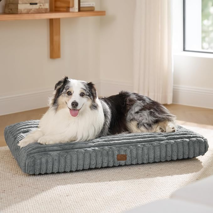 Bedsure ComfyFleece™ Fluffy Balanced Support XL Dog Bed for Crate,41x27 | Golden Ratio Chopped Foam & PP Cotton, Upscale Home Decor,Waterproof Liner, Removable Washable Cover, Nonslip Bottom,Grey