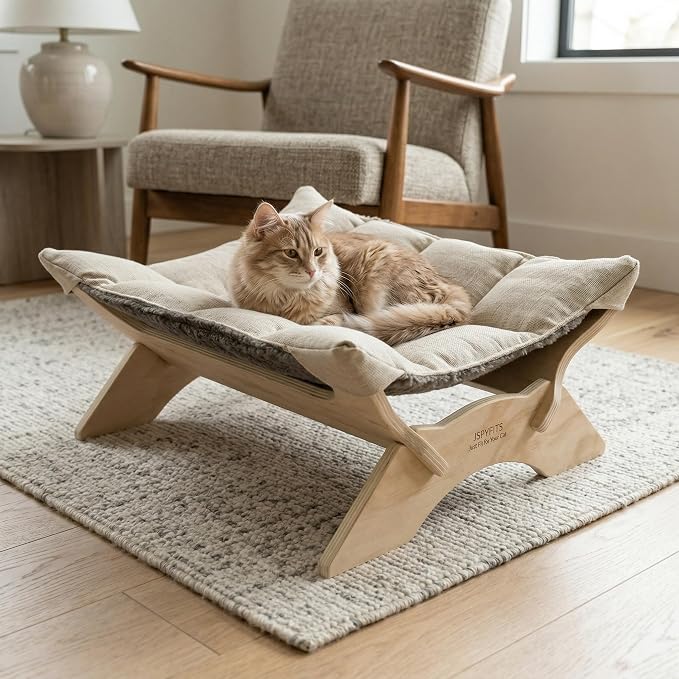 JSPYFITS Elevated Cat Bed Hammock, Raised Cat Bed with Dual-Sided Plush & Linen Cushion, Machine Washable & Breathable Cover Tool Free Easy Assembly, up to 66Lbs (Gray)
