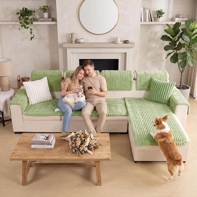 FUANGUI 2 Pack Waterproof Couch Cover for Dogs Pets Sofa Protector | Non-Slip Washable Fuzzy Soft Sofa Slipcover for 2 PCS L Shaped Sofa Pet Friendly, 27.6" x 59.1"+27.6" x 70.9", Grass Green